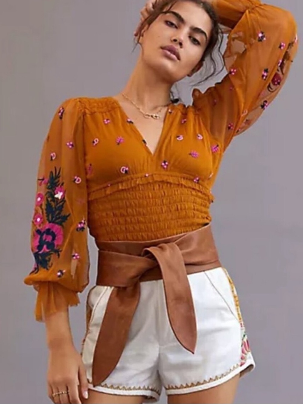 Anthropologie Mustard Embroidered Smocked Sheer Blouse